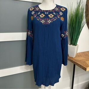 Blue Rain Crinkly Rayon Blend Dress Long Sleeves Embroidered Blue SZ Small Boho